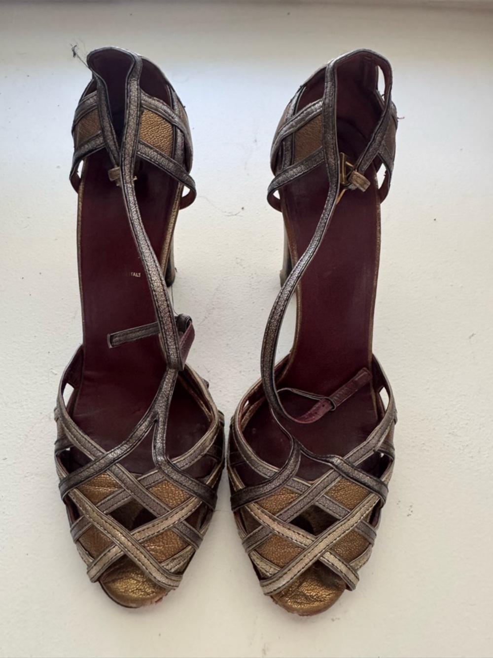 PRADA/ vintage Metallic Bronze Strappy Women's Heels - Elegant Ankle Strap